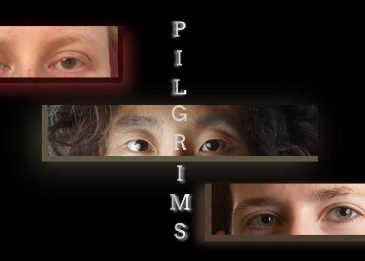 3 letter box style images of peoples eyes with the text 'Pilgrims' overlayed in the centre