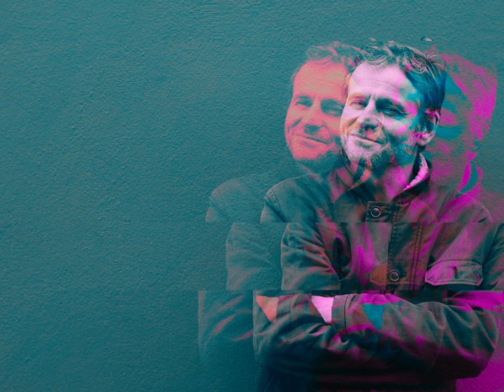 An image of actor and writer, Will Adamsdale, repeated 3 times towards right of the screen with hints of pink in a silhouette