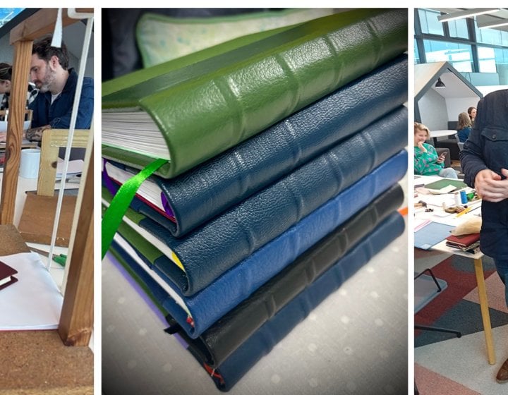 People book binding and a stack of books