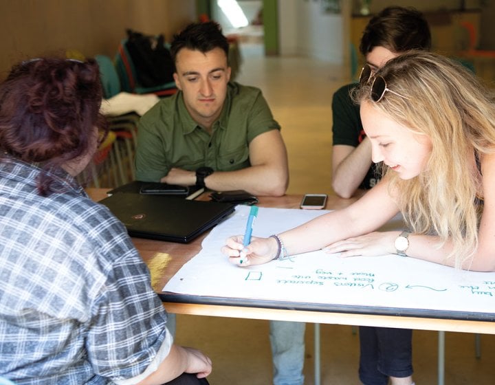 Students writing ideas down on a big pad on a table