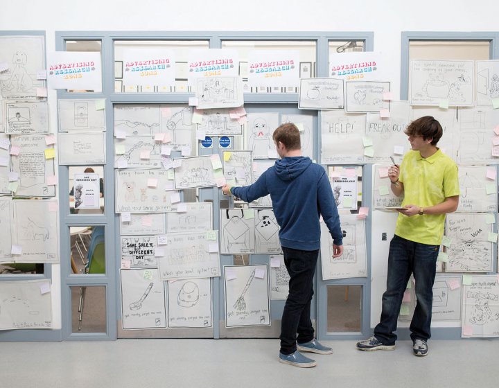 Students standing at a wall full of ideas written on paper