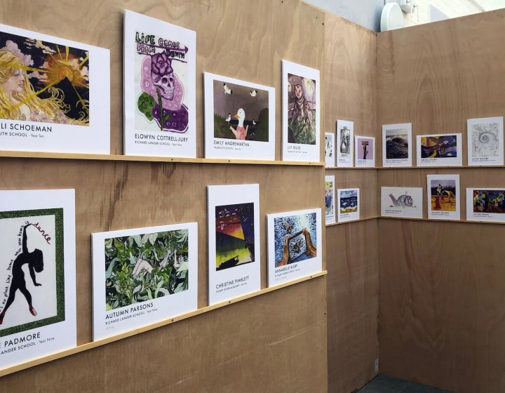 Two rows of printed postcards displayed on a wooden board