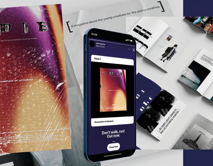 Mobile phone and magazine spread with red and orange background