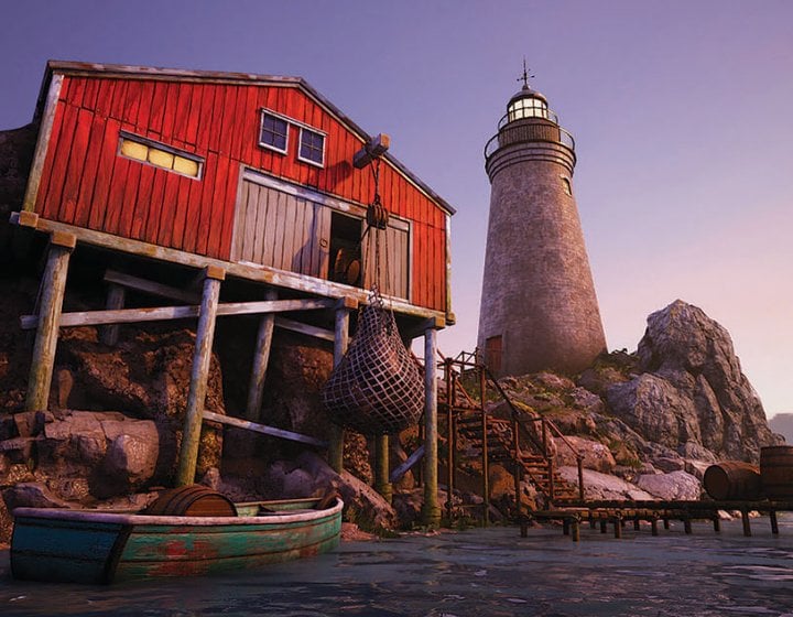 Animation of red wooden house on stilts
