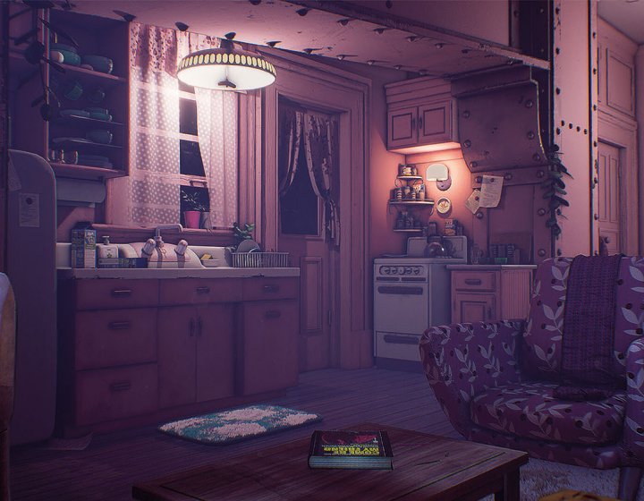 Animated interior with kitchen and armchair