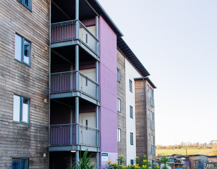 Wood panelled building with grey balconies and a purple wall