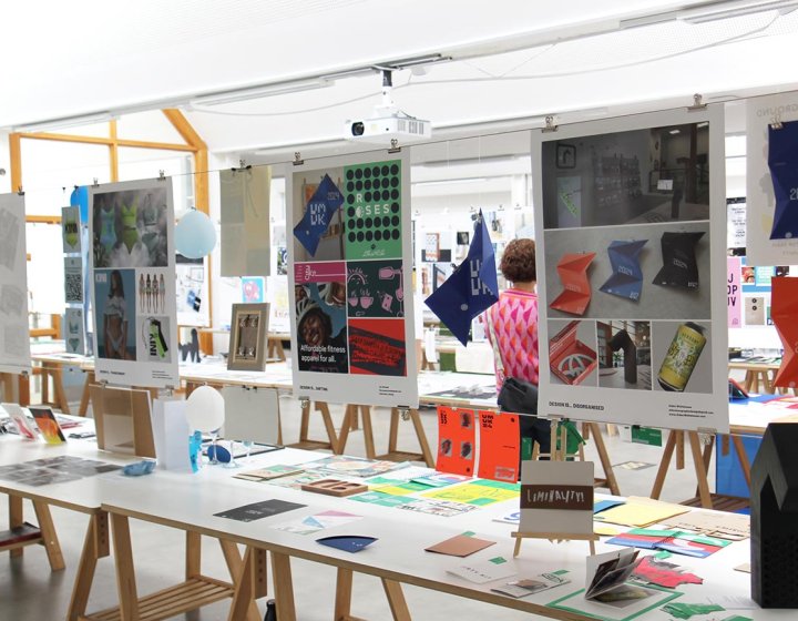 Exhibition space with Graphic Design work displayed at Falmouth University
