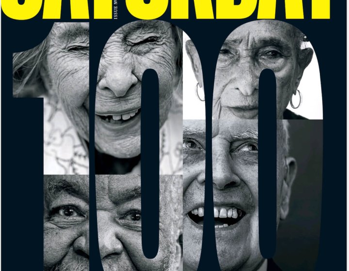 Guardian Saturday magazine cover of elderly people's faces in the shape of 100