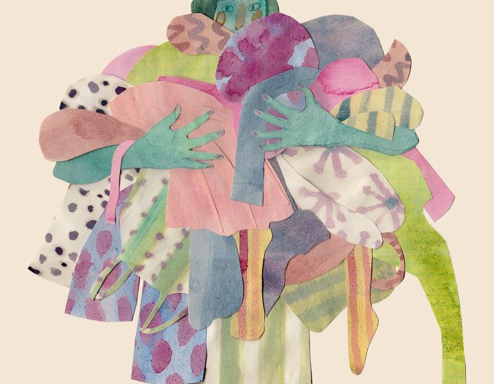 An illustration of a person holding a pile of clothes