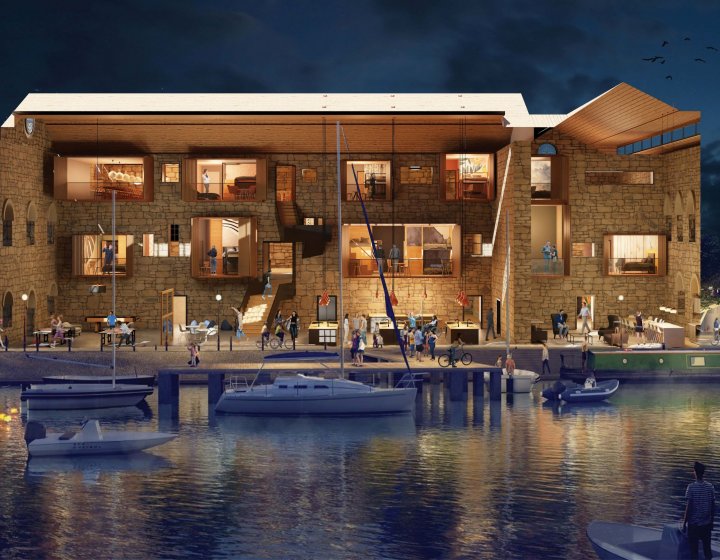 CAD Render of a large building with outdoor seating areas next to a river