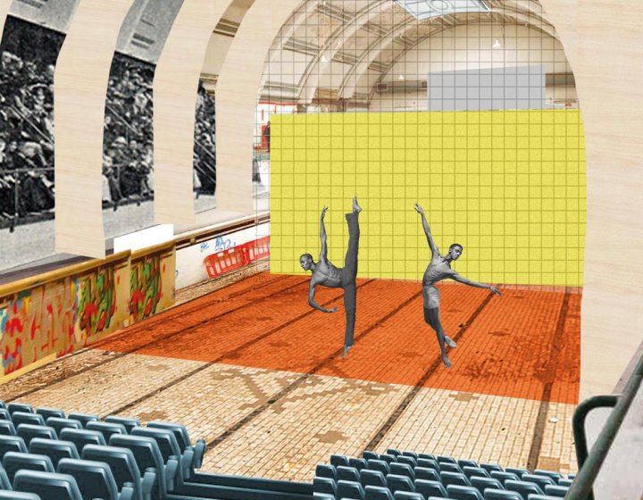 Interior design of performance space with ballet dancers