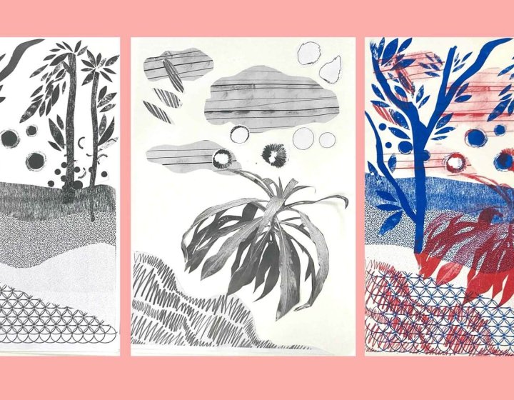 A triptych of risograph stages with trees and plants