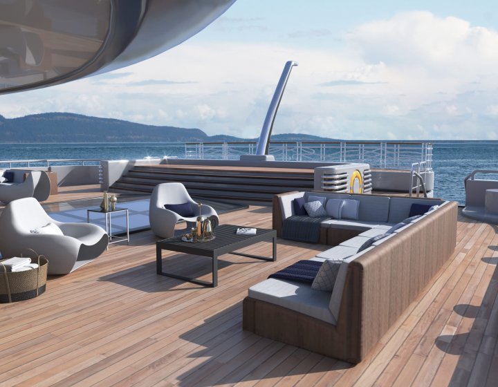 Design of lounge area on the deck of a super yacht, wood, cream and grey colour scheme.