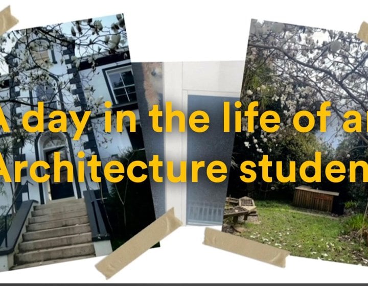 A photo of an old, white building and campus trees with the title 'A day in the life of an architecture student'