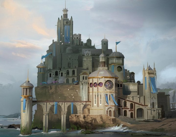 Game art design of a large castle on the water
