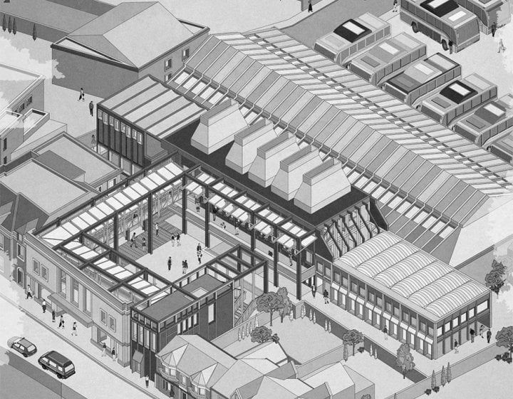 Black and white aerial view architectural drawing