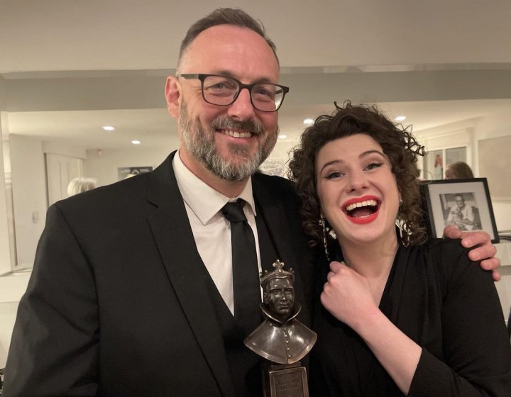 Simon Harvey and Isobel McArthur pose with their Olivier Award