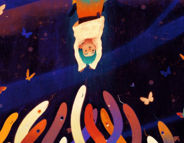 illustration of a boy hanging from a tree with snakes below