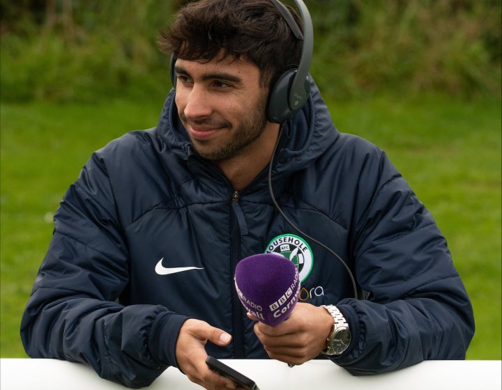 Falmouth University Journalism student reporting for BBC from Mousehole AFC