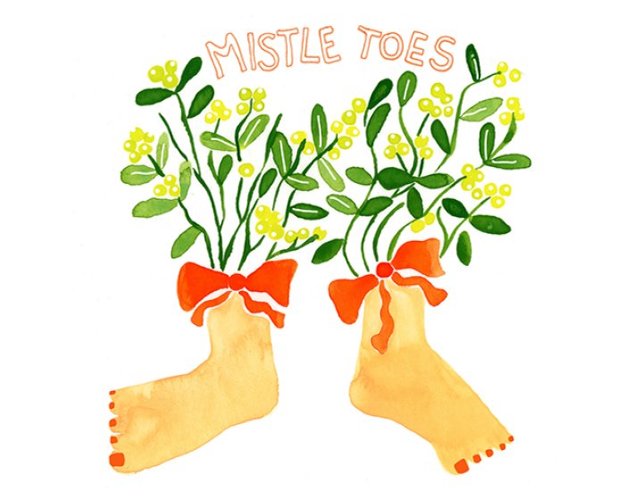 illustration of a pair of feet with toe nails painted red, red bows at the ankle and mistletoe above, with the words 'Mistle Toes' written in red at the top,
