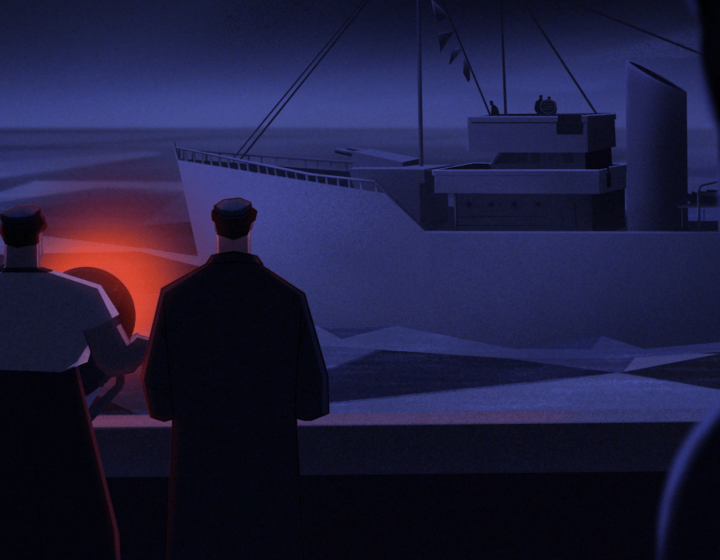 Still from short animation Middle Watch: view of two men on a boat shining a light at an oncoming ship