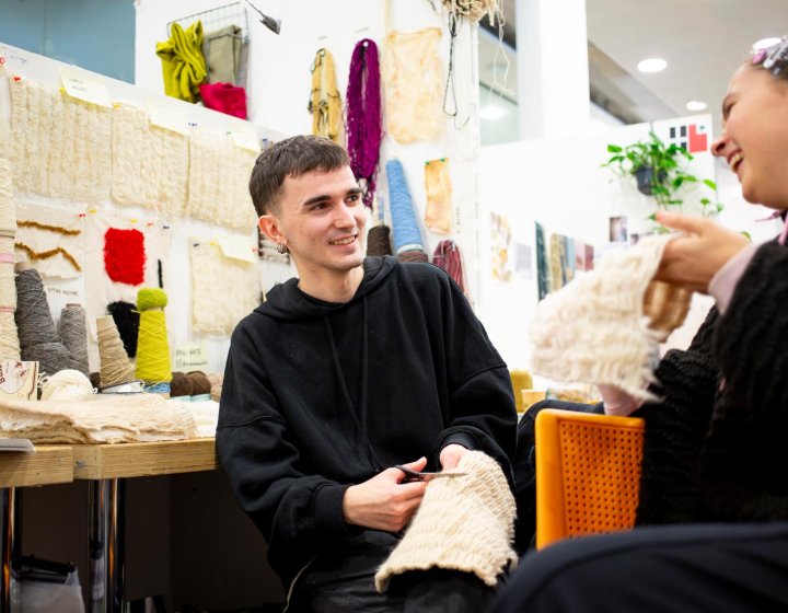 Two Textile Design students in a studio at Falmouth University