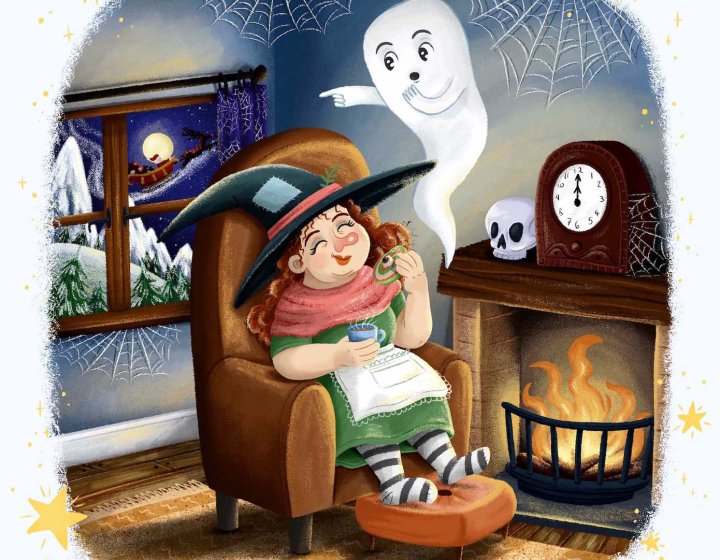 Illustration of a witch sitting in a chair by a fire with a white ghost