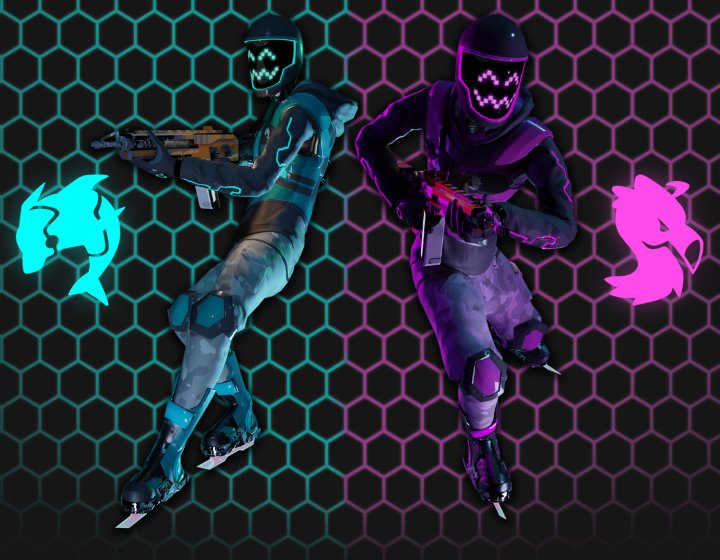 Two characters from opposing teams on the FPS game Blade Gunners. One man wears blue, the other purple. Both carry guns