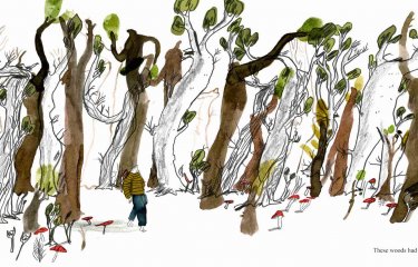 Illustration of a man walking through tall trees with red mushrooms