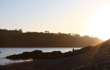 Durgan beach with the sun setting behind trees