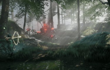 Animation still of a person shooting a bow and arrow at robots in the woods