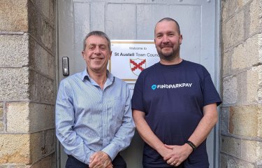 David Pooley from St Austell Town Council and FindParkPay founder Tim Macknelly