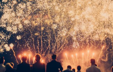 A group of people looking at a huge orange firework display