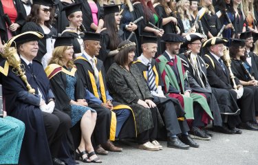 Staff, students and Dawn French at graduation 