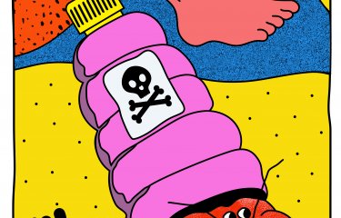 Illustration of hairy legs and a plastic bottle with a lobster coming out