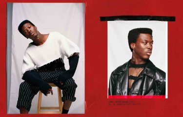 Model in two tone jumper and black leather jacket on red background.