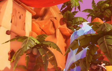 A still from a student game of palm trees and a waterfall