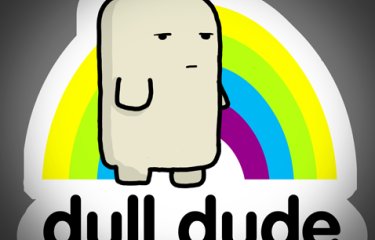 Gaming company character standing in front of a rainbow 
