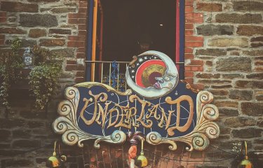 The circus-inspired sign hanging over bar and venue Underland in Falmouth