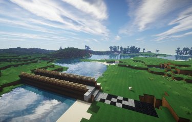 A Minecraft image still of bridge over river of water and fields in the background