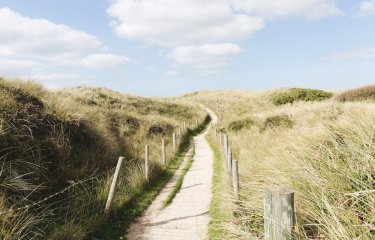 A narrow path through sand dunes with blue sky
