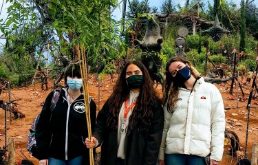 Three students stood together at The Eden Project, Cornwall 