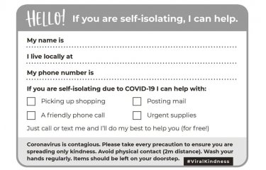 Postcard designed by Becky Wass offering help to neighbours