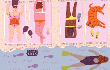 Colourful illustration of women and a dog lying on beach towels at the beach.