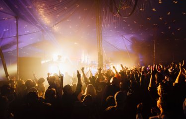 Crowd of people at the Masked Ball, hands waving in the air.