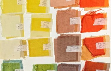 Photo of 16 colourful natural dye samples