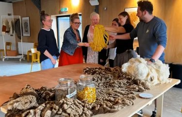 A group of people on a farm examining wool