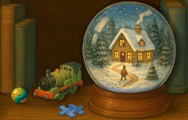 An illustrative image of a snow globe on a table with other toys and books around it