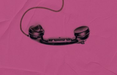 Image of a illustrated phone in black against a dark pink background