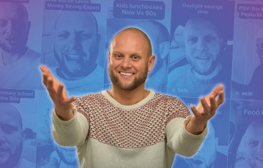 The comedian, Tom Glover, posing for a photo against a blue and purple background
